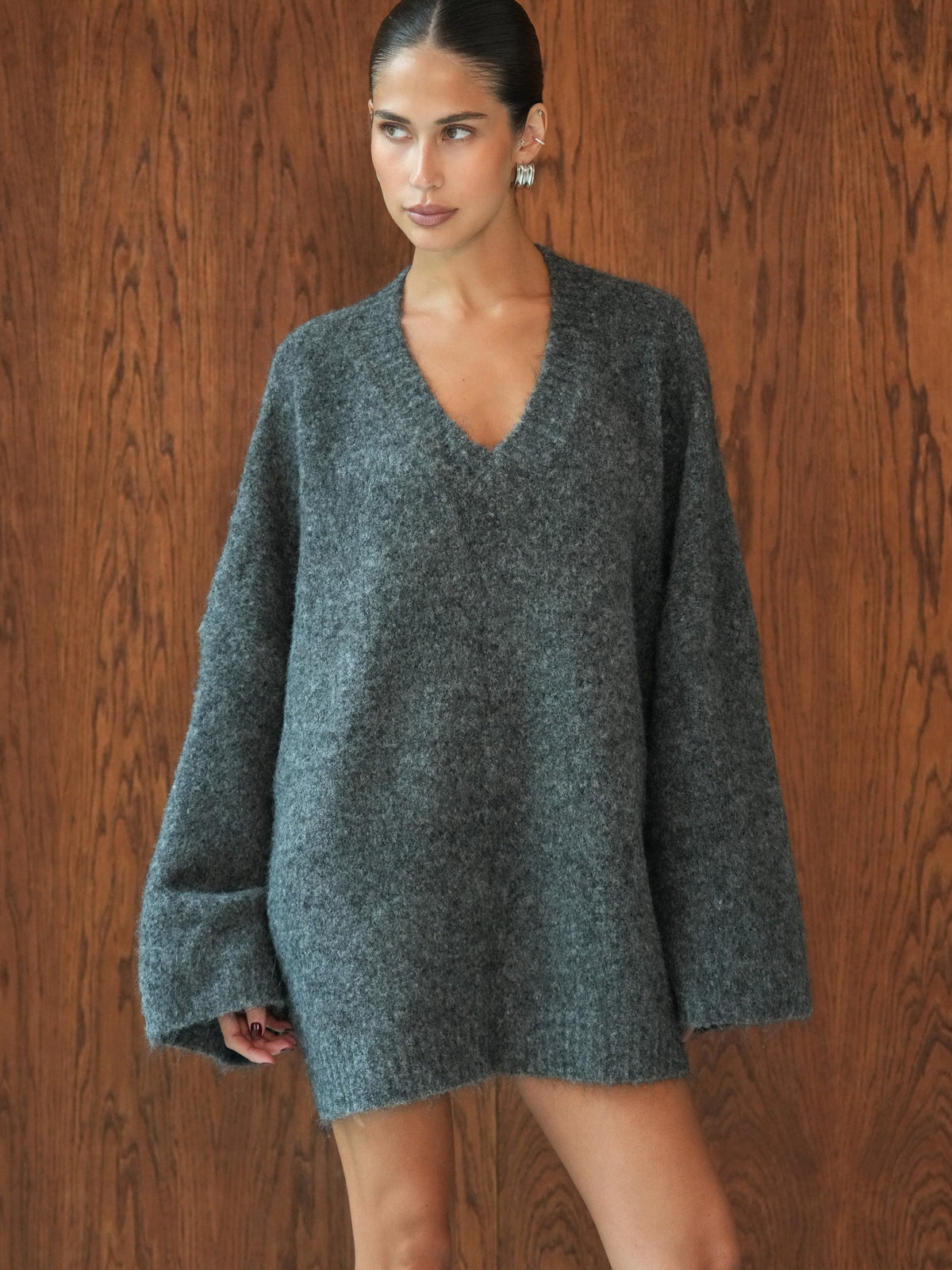 Solid-Color V-Neck Silhouette Sweater