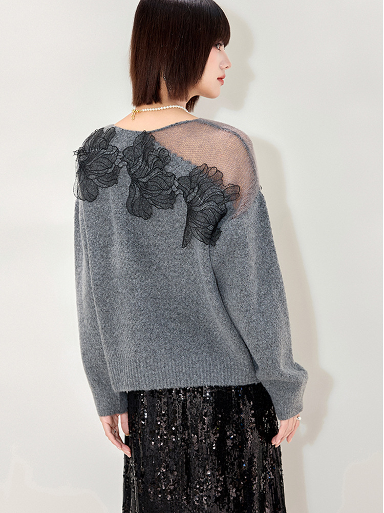Round-Neck Lace Floral Knit Sweater