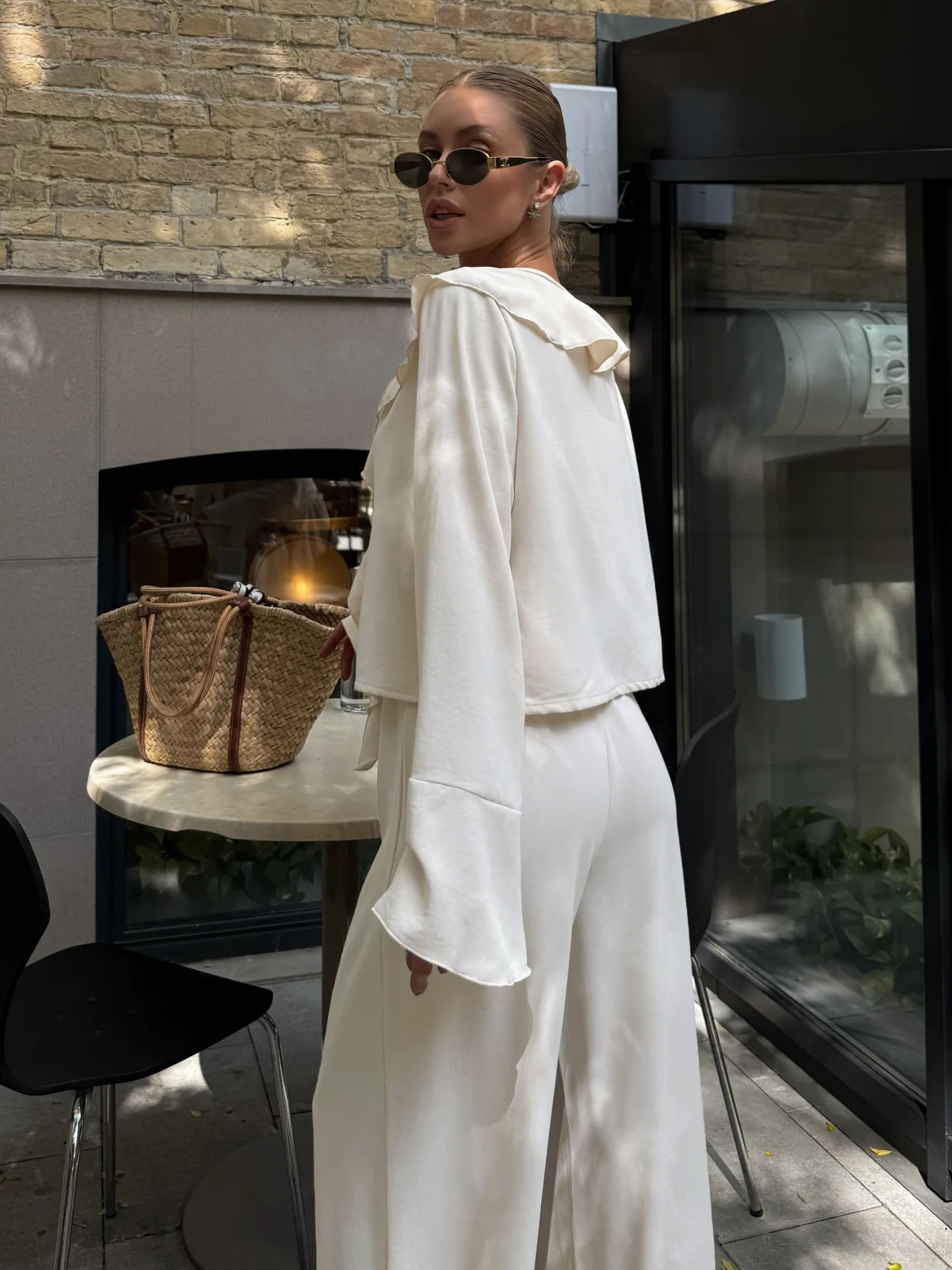V-Neck Ruffled Long-Sleeve Two-Piece Set
