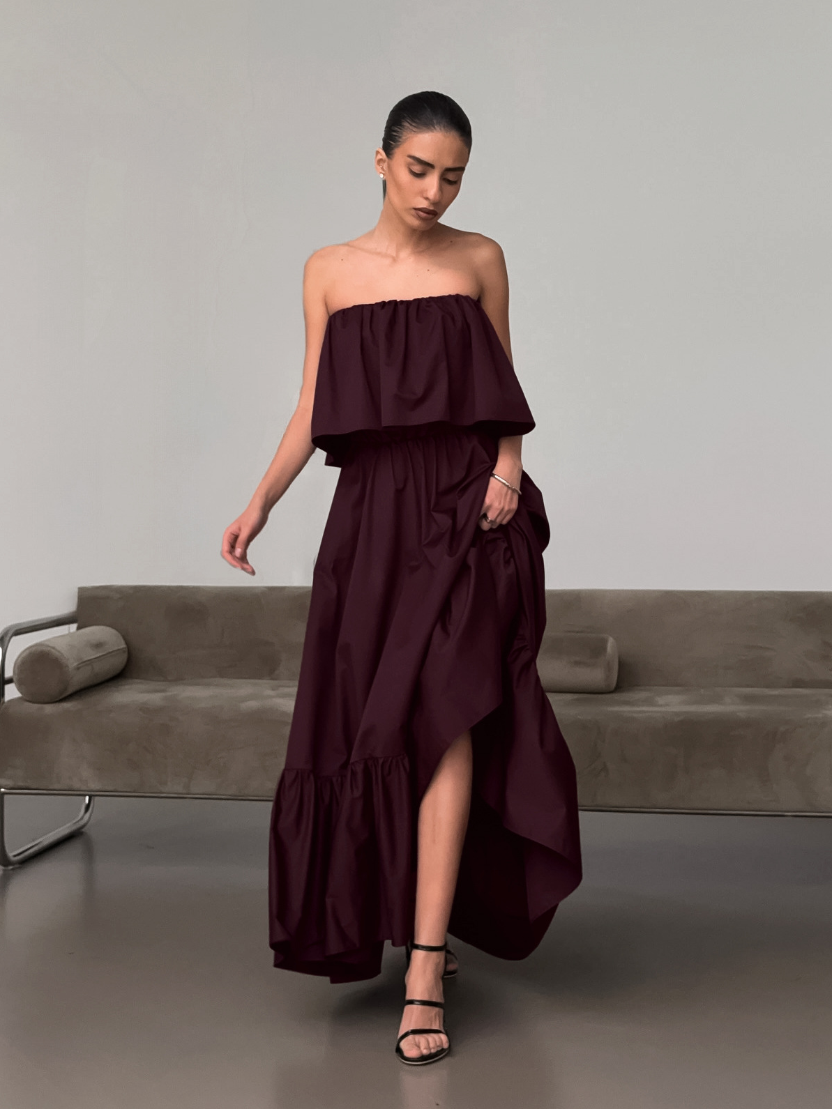 Ruffled strapless maxi dress