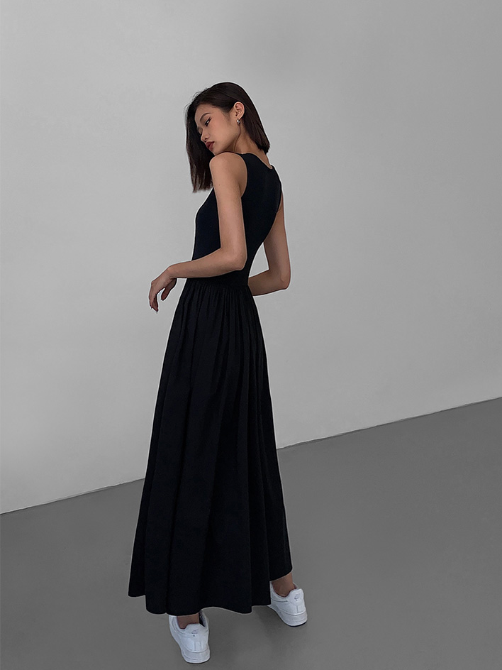 Mixed Media Long Dress(Pockets Design)