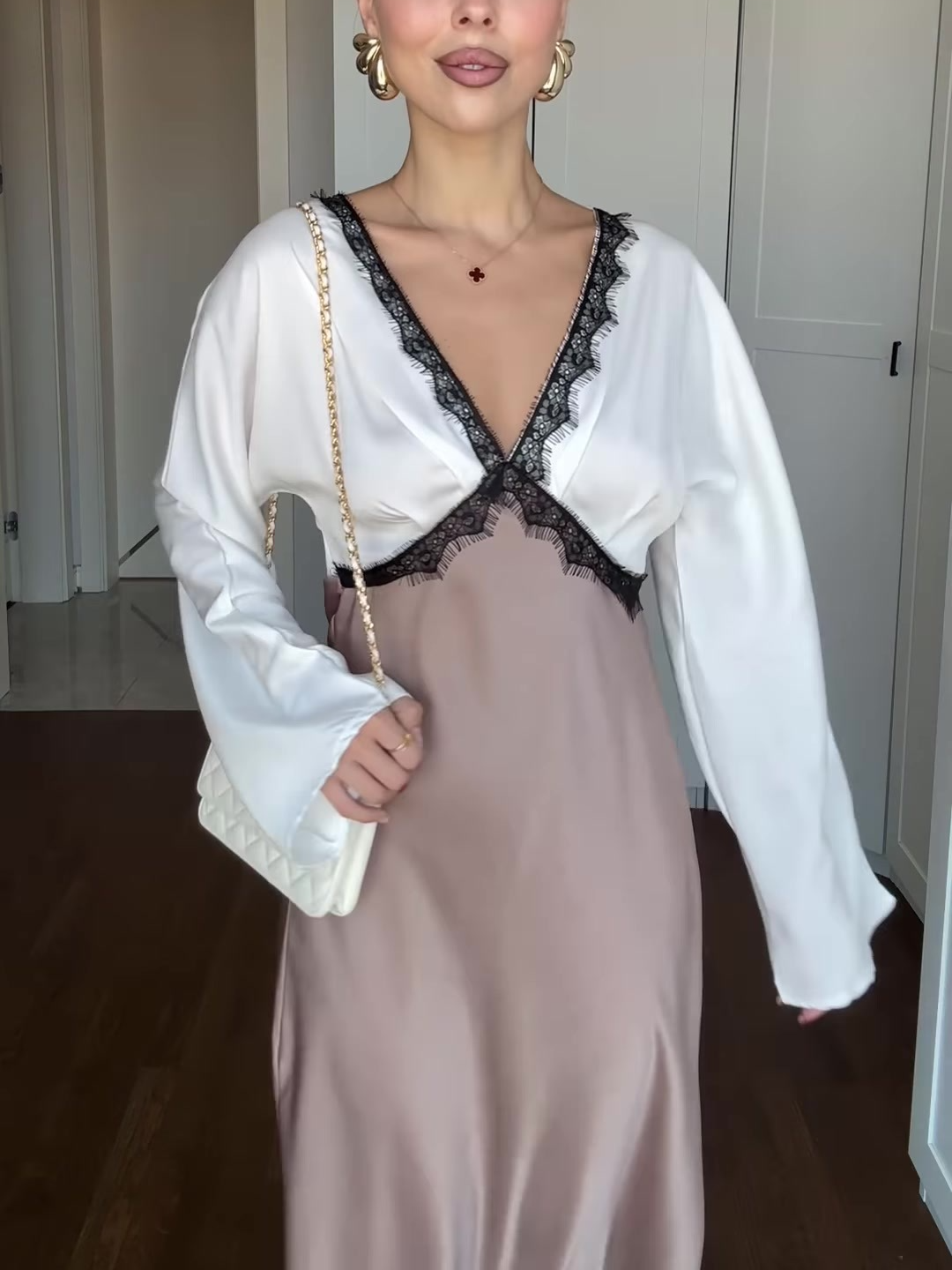 Satin Lace Contrast Trim Long Dress