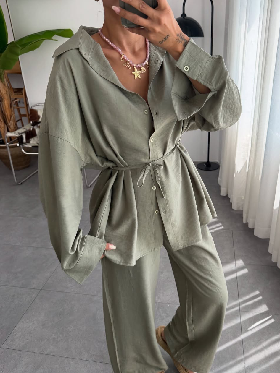 Solid-color lapel-collar tie-front pajamas