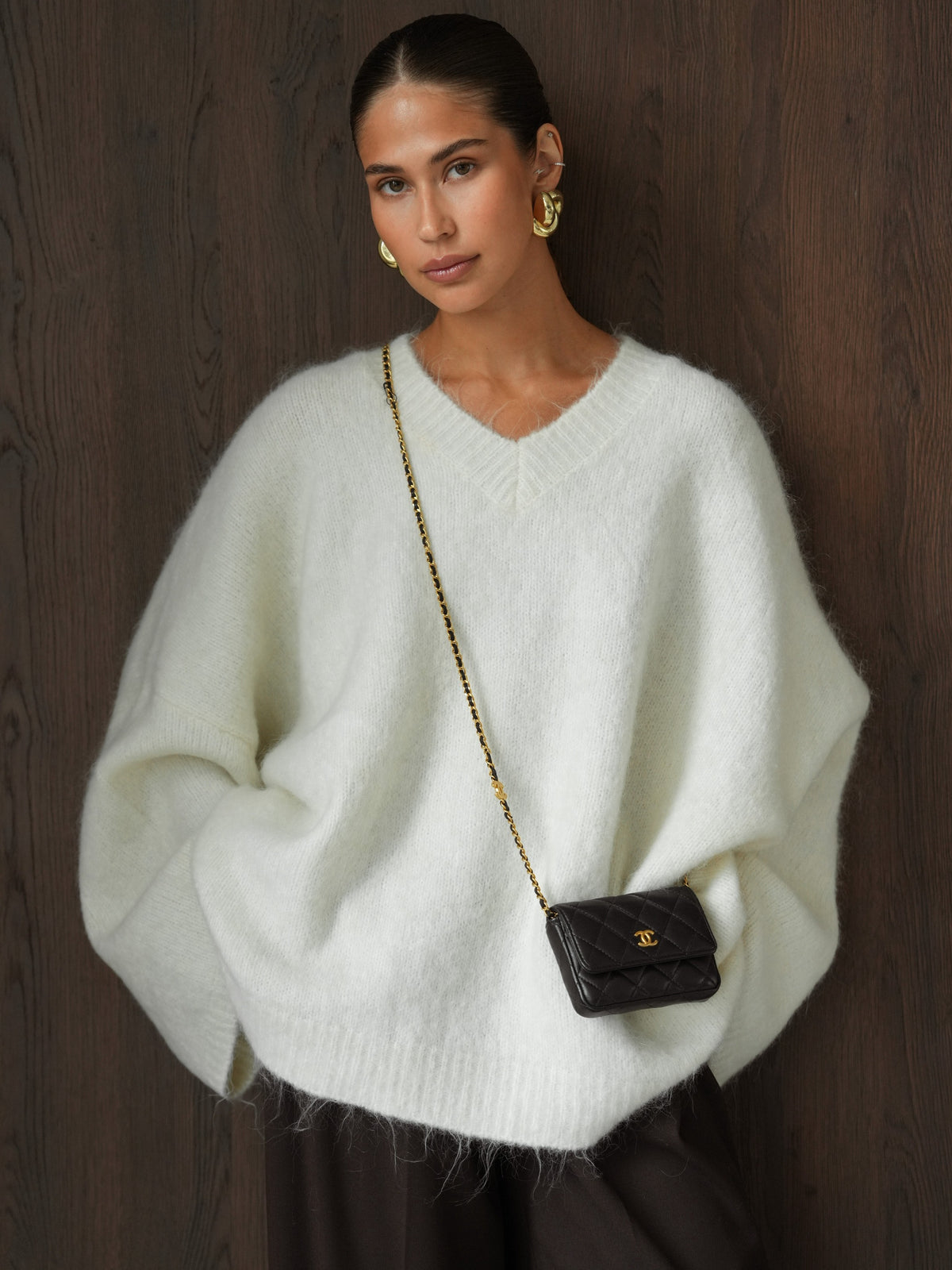 Solid-Color V-Neck Silhouette Sweater