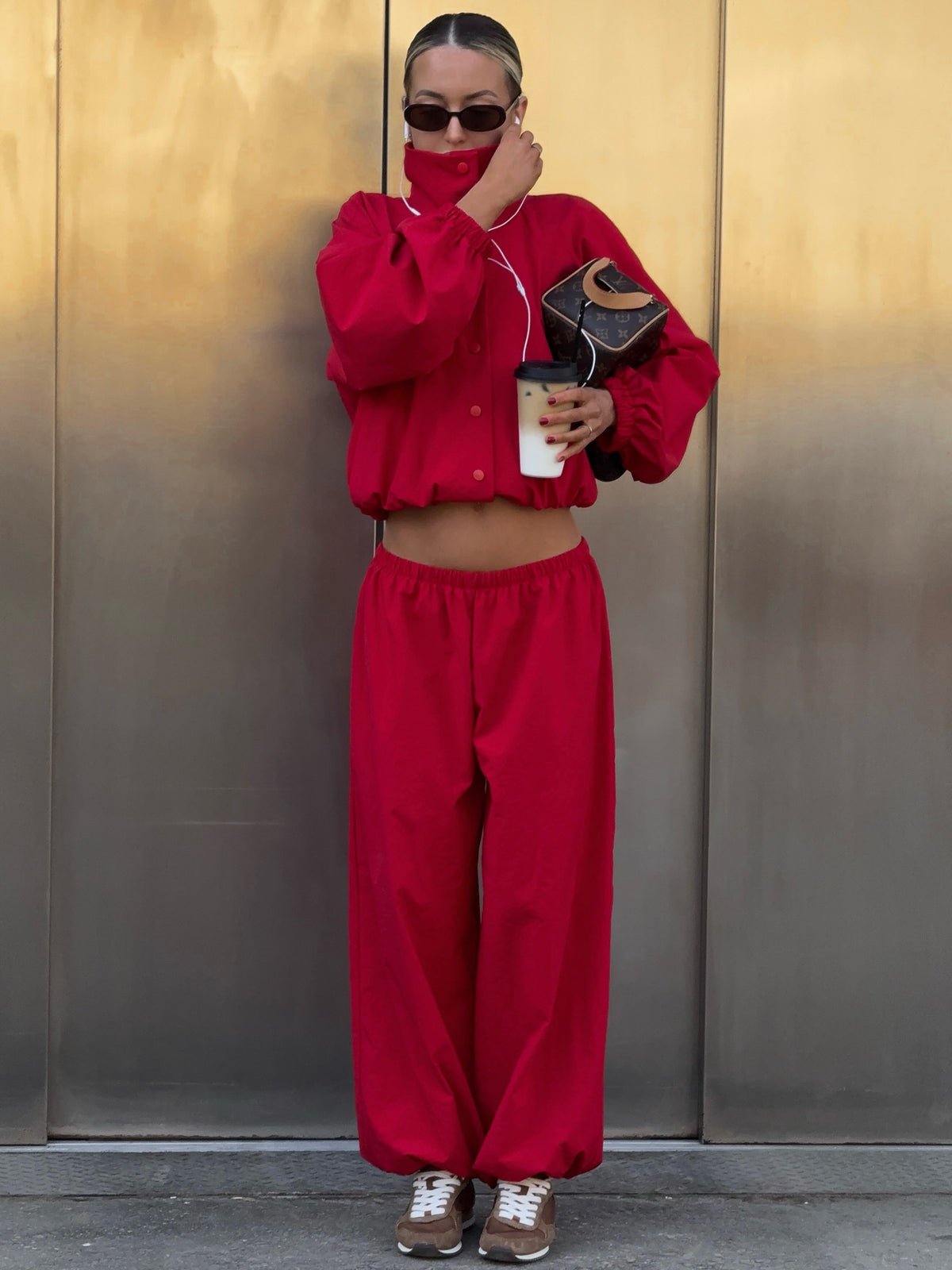 Waist-cinched Jacket and Baggy Pants Set
