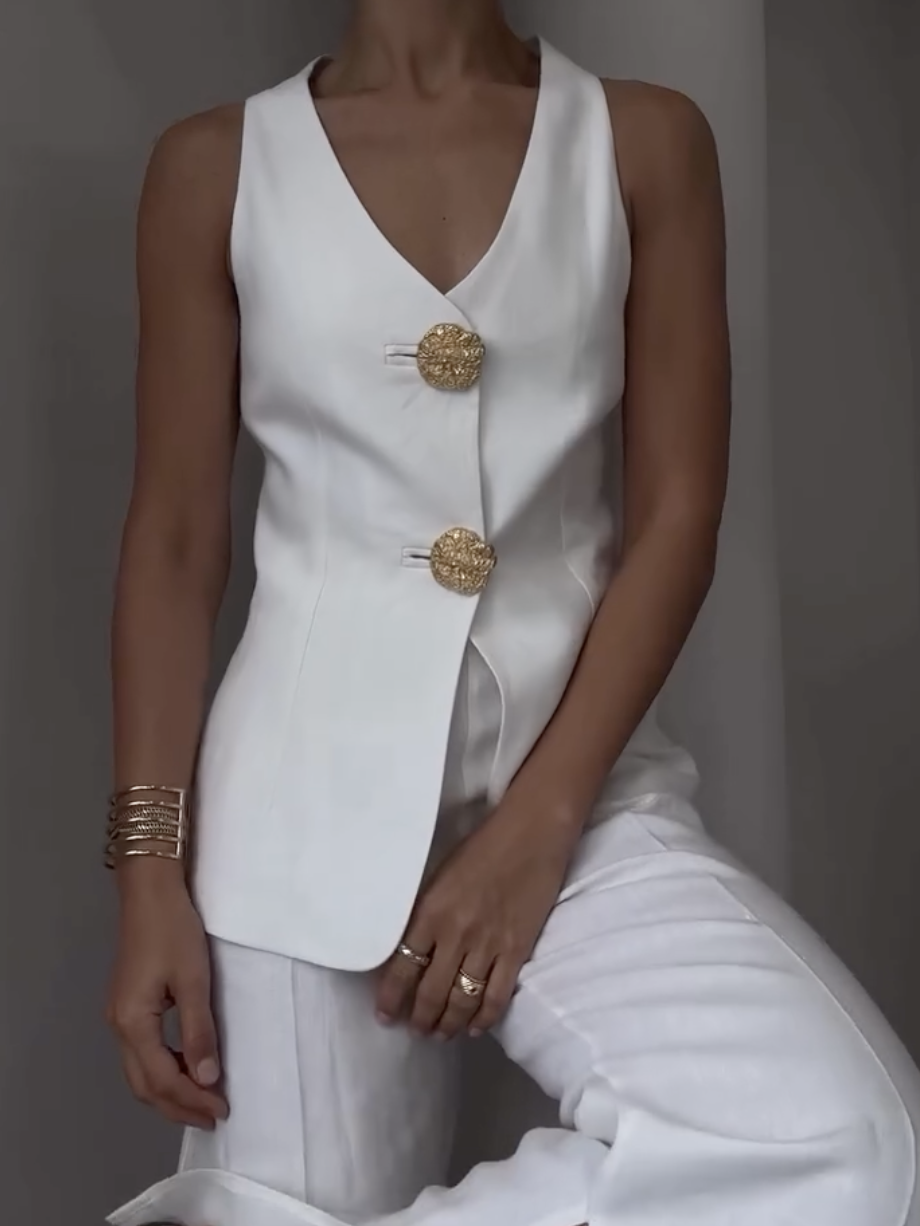 Button Split Sleeveless Pants Set