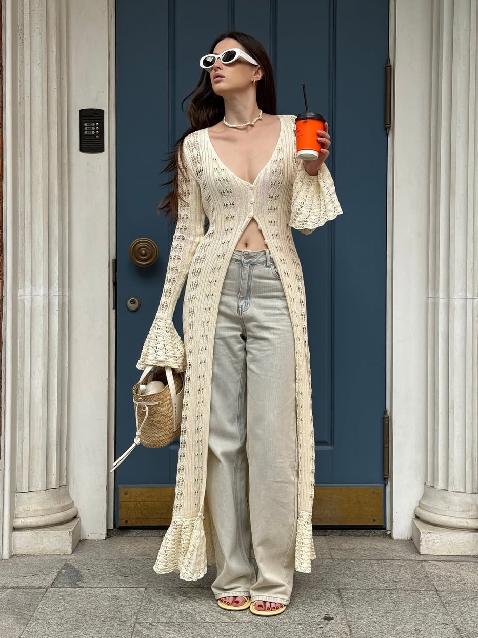 Flare Sleeve Knit Long Cardigan