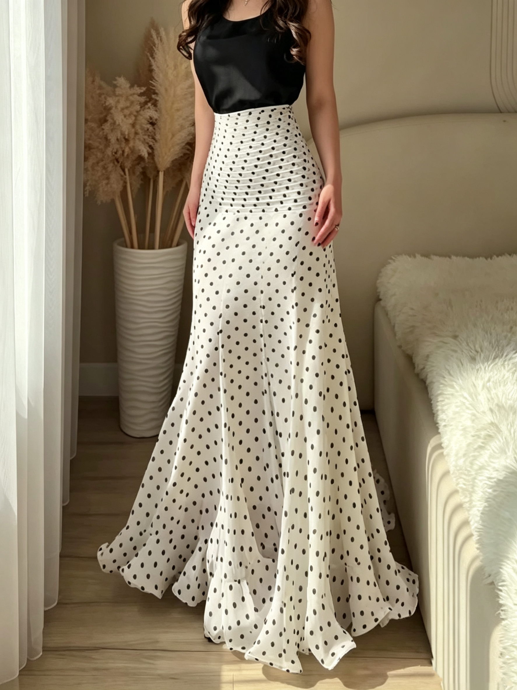 Polka-Dot Pleated Fitted Maxi Skirt