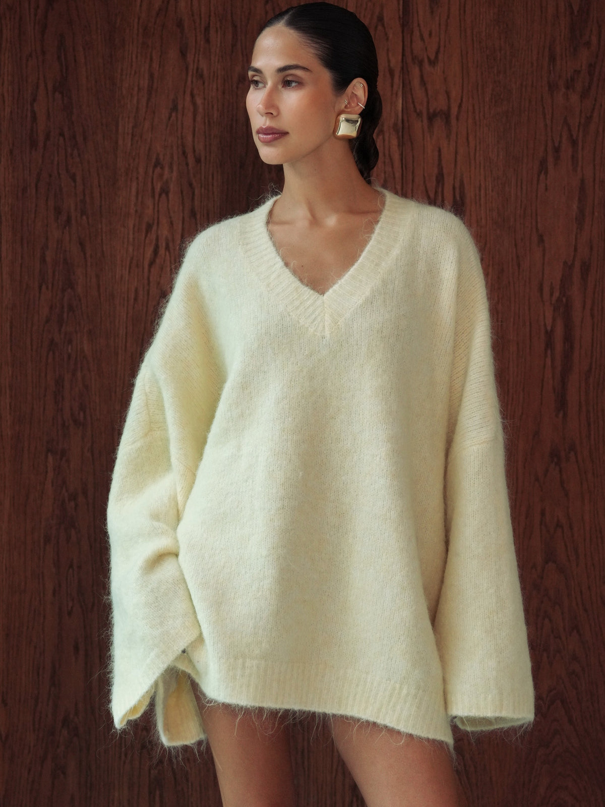 Solid-Color V-Neck Silhouette Sweater
