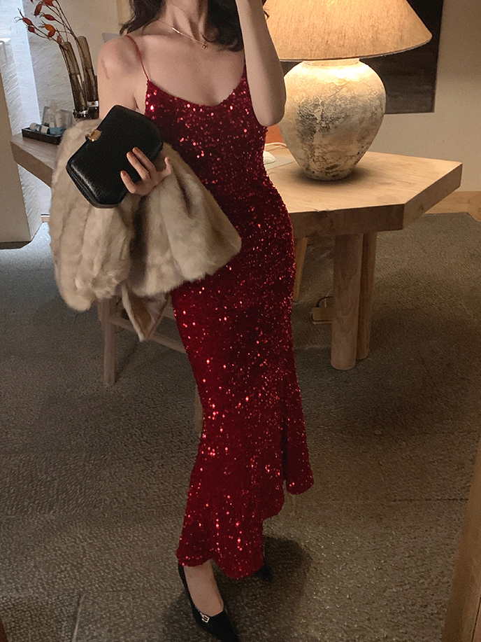 Retro Sequin Halter Long Dress