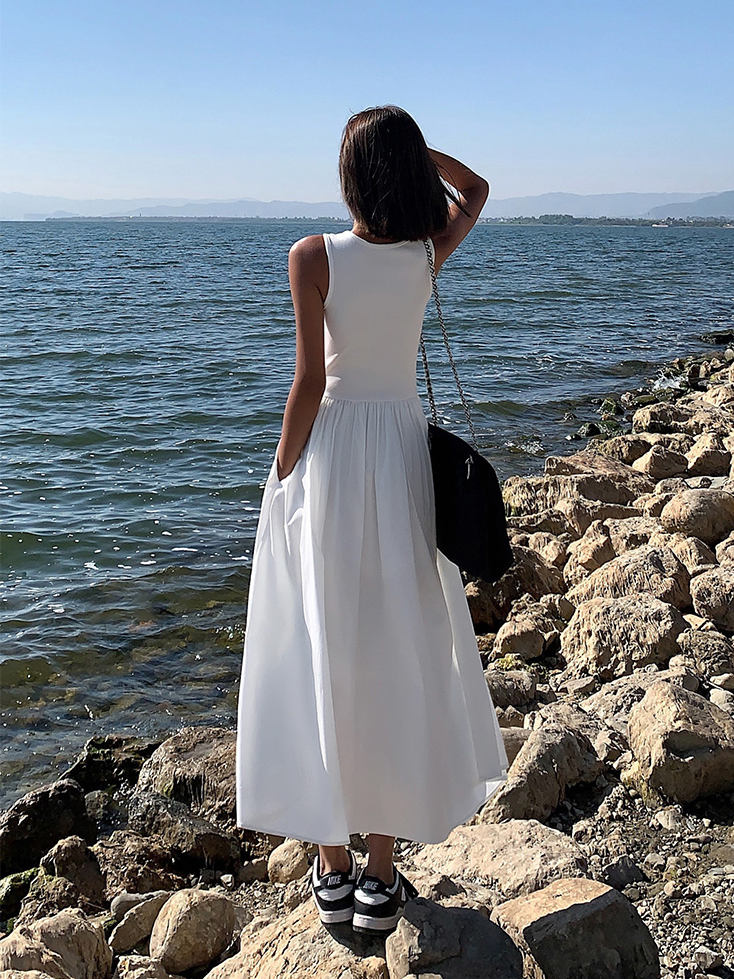 Mixed Media Long Dress(Pockets Design)