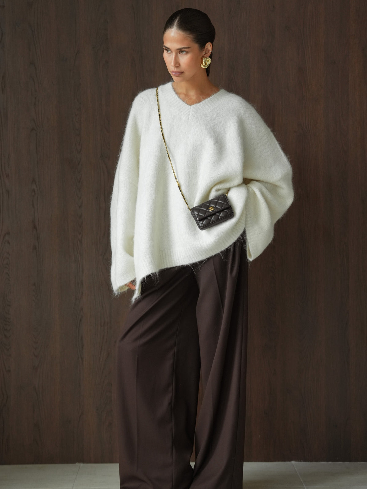 Solid-Color V-Neck Silhouette Sweater