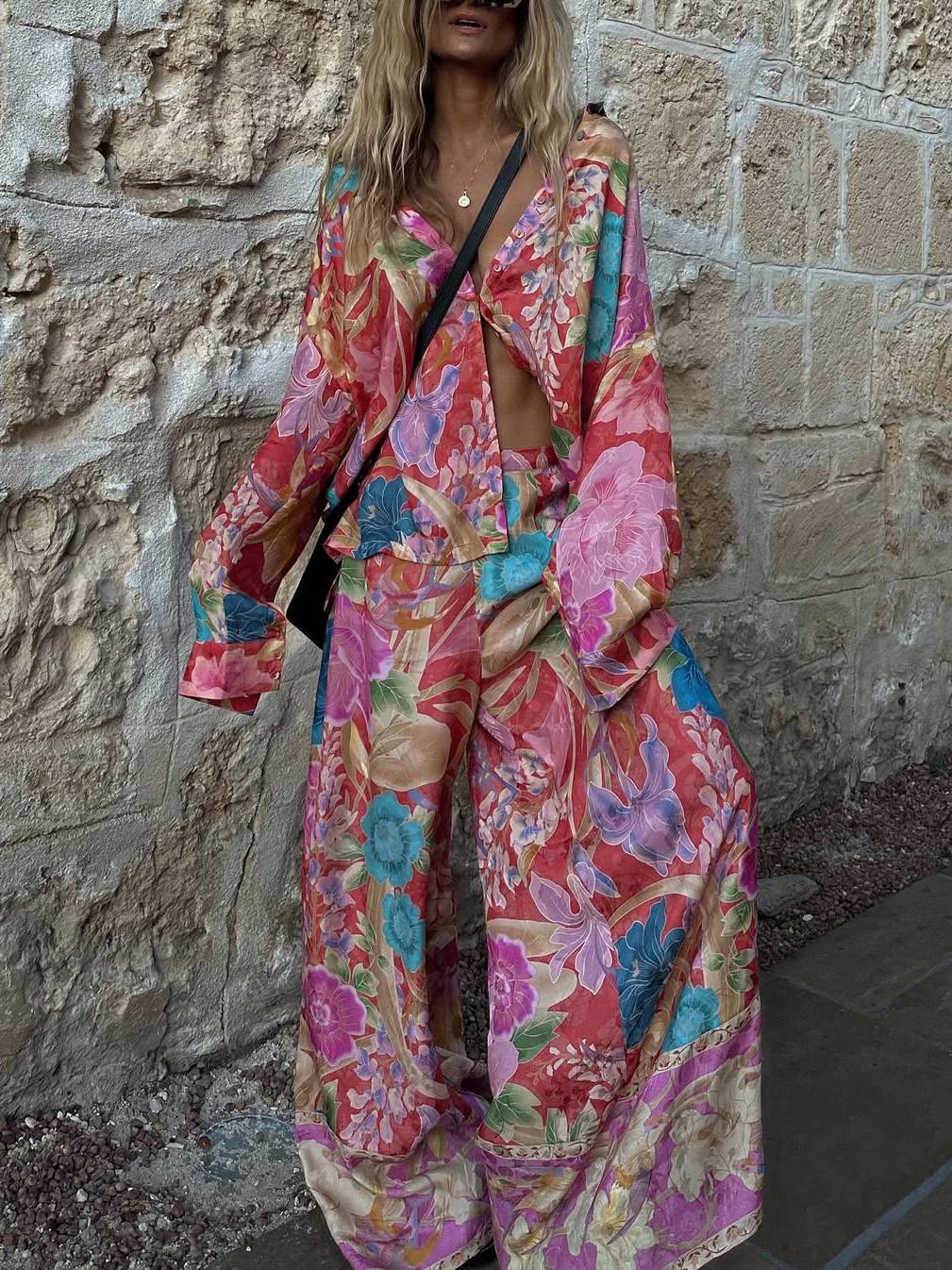 Printed Long Sleeve V-Neck Loose Pants Set