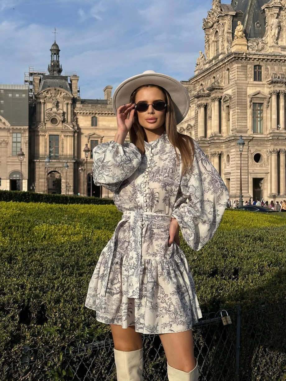 Ink Painting Print Tie Up A-Line Short Dress