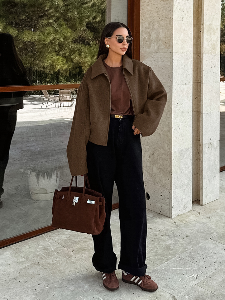Flap collar zipper wool coat