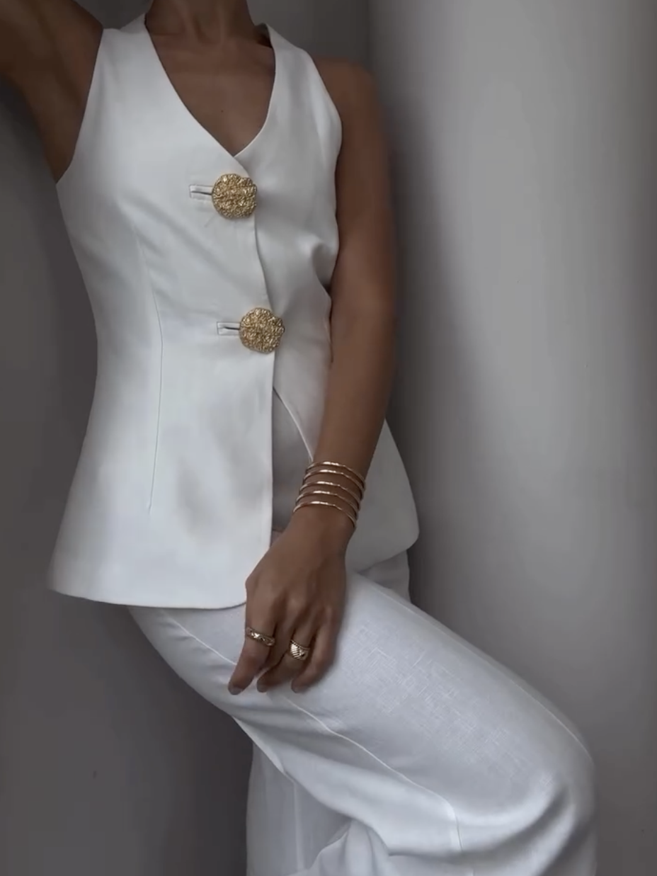 Button Split Sleeveless Pants Set