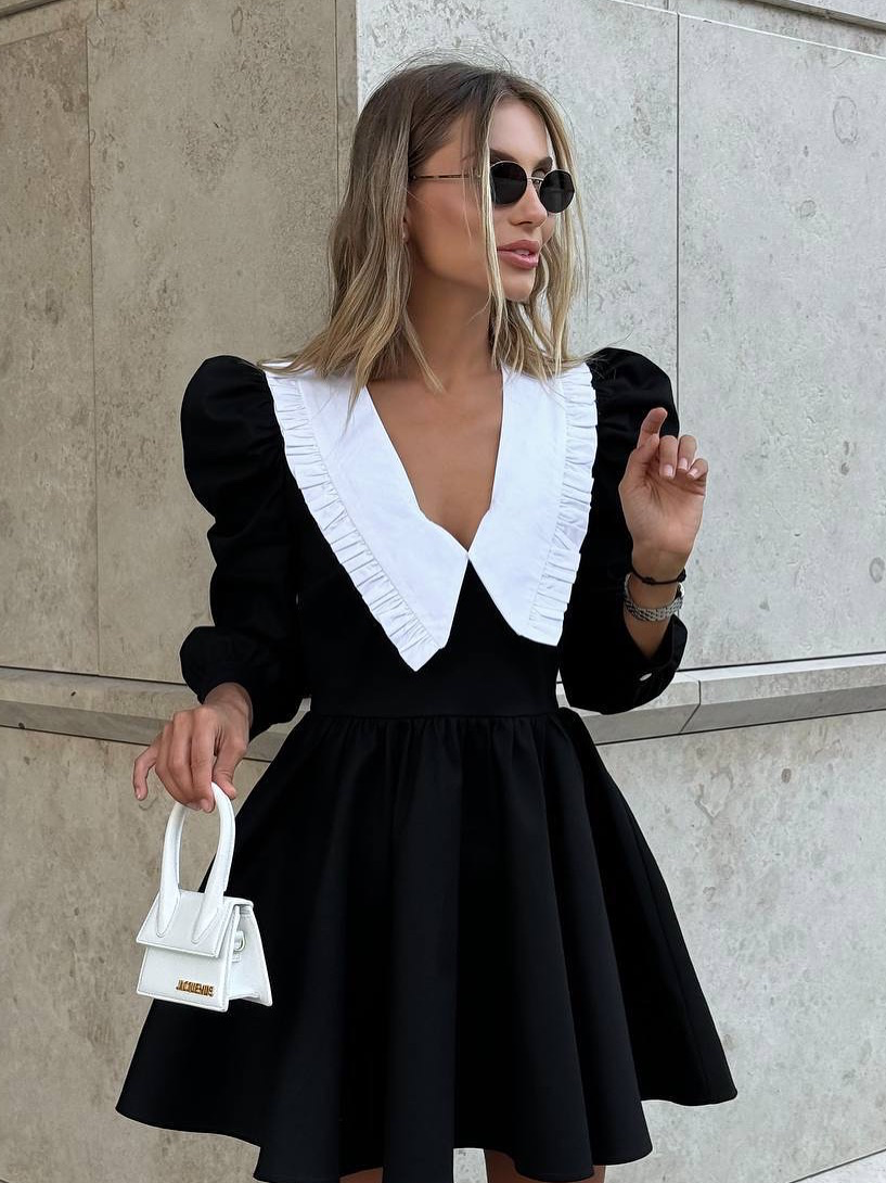 Lapel Color Clash Mini Dress