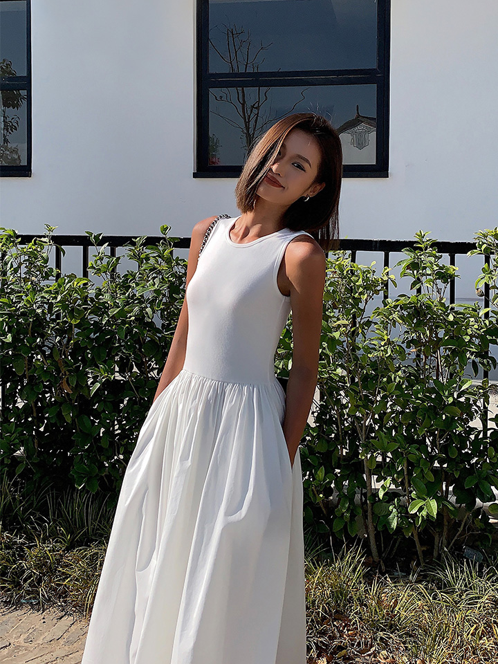 Mixed Media Long Dress(Pockets Design)