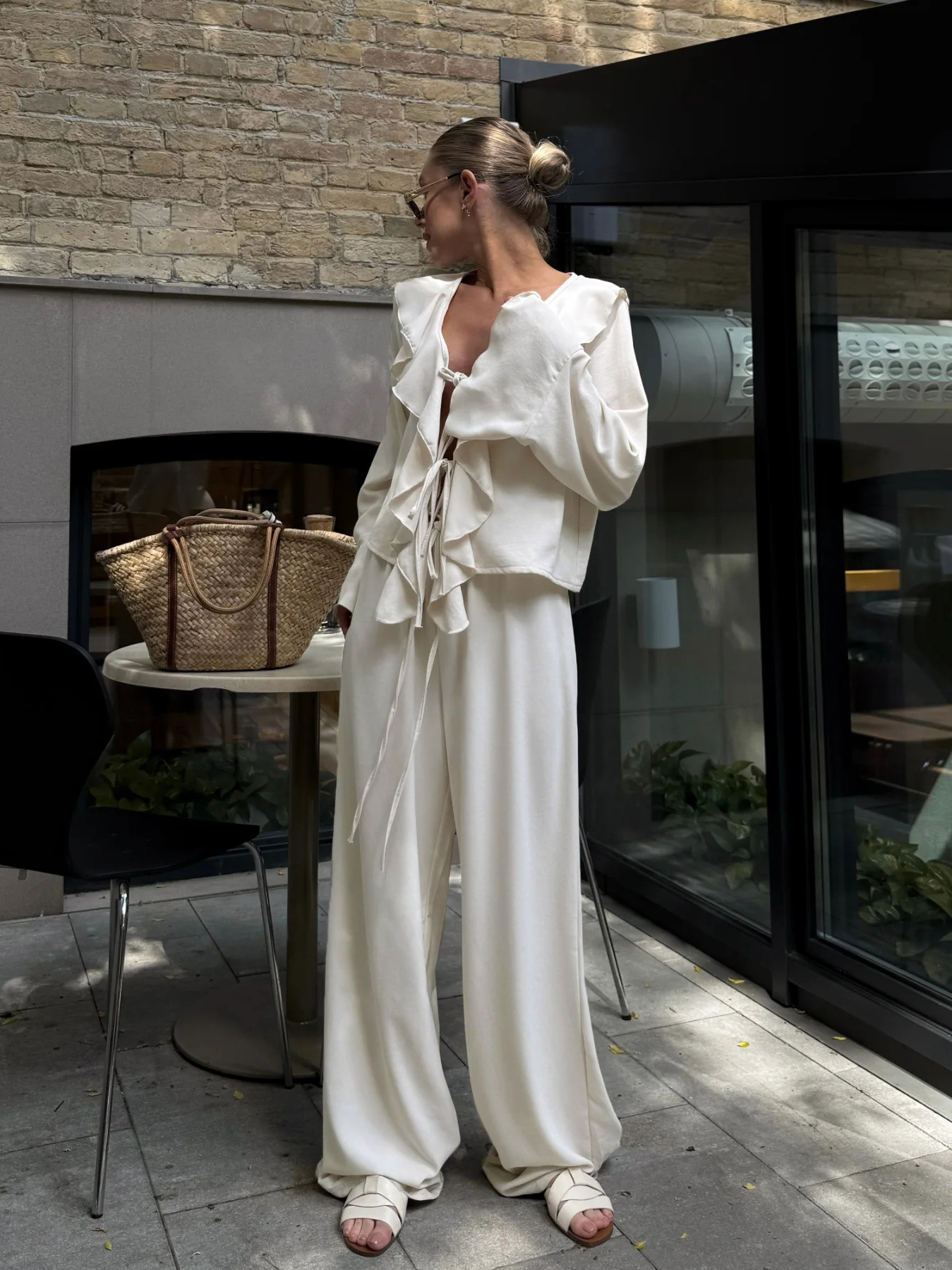 V-Neck Ruffled Long-Sleeve Two-Piece Set