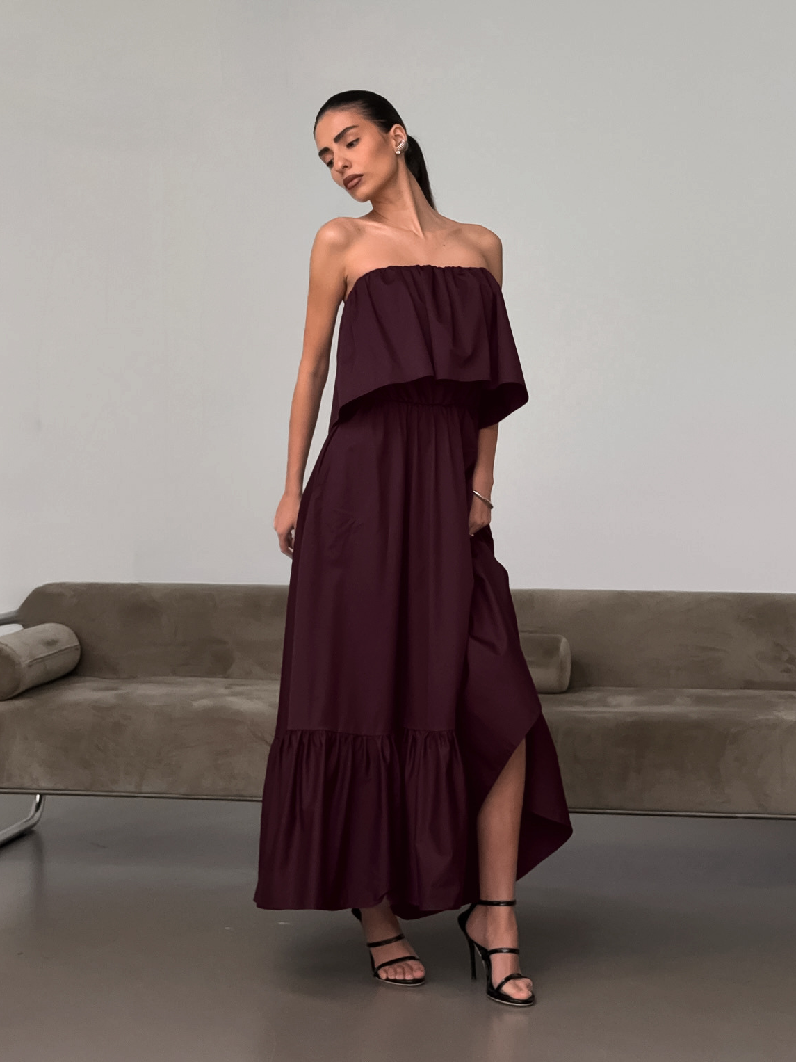 Ruffled strapless maxi dress