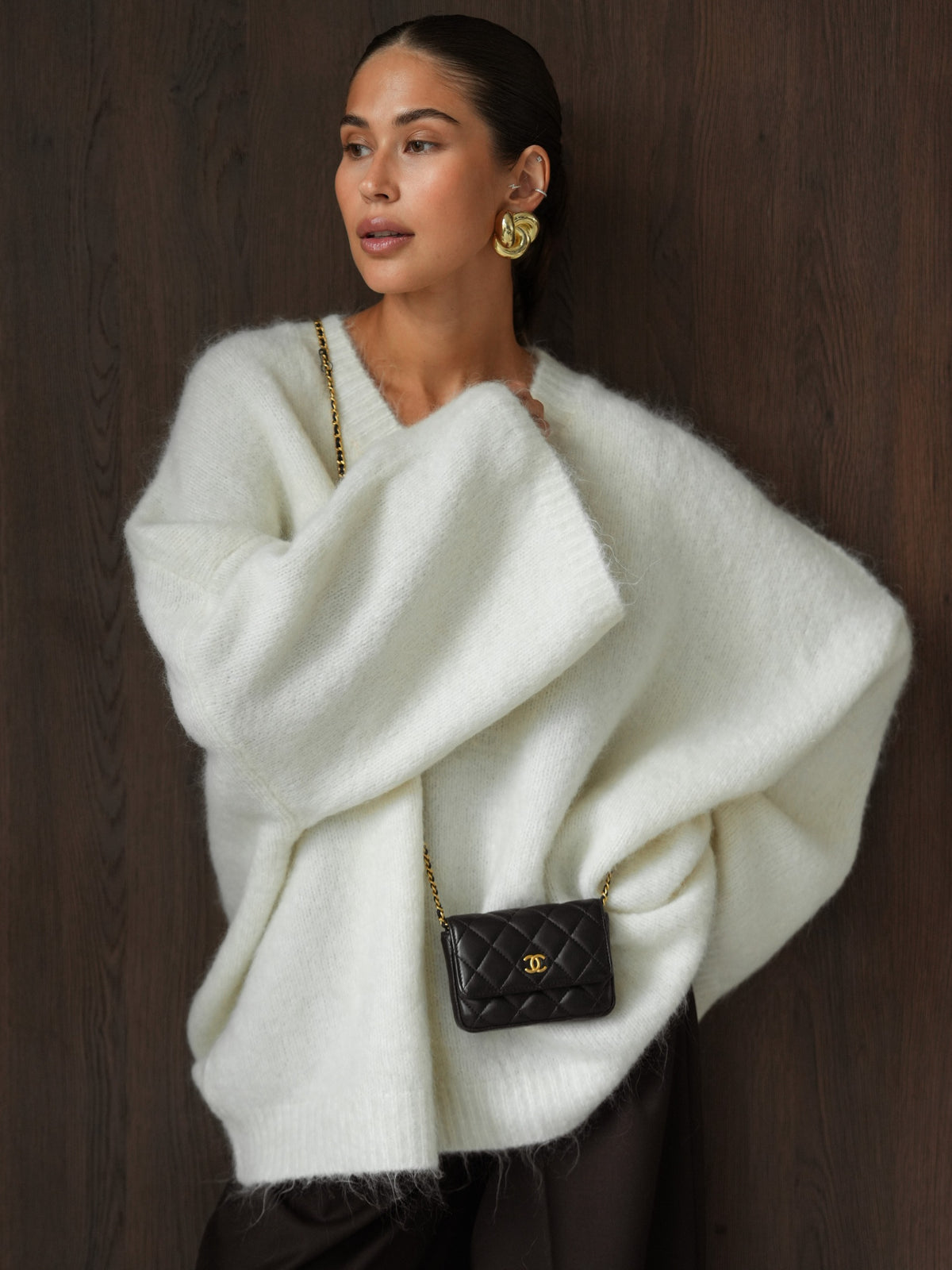 Solid-Color V-Neck Silhouette Sweater