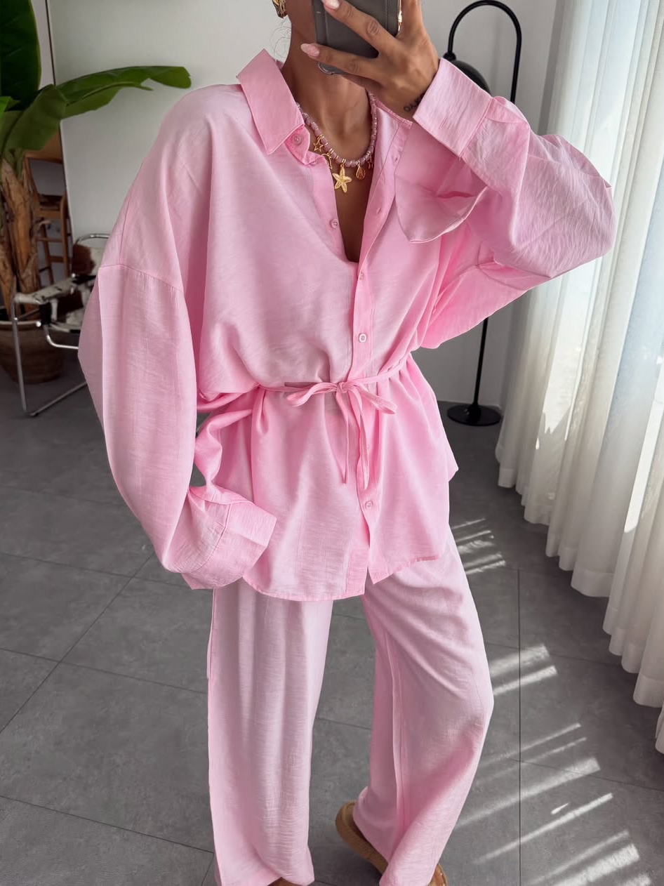 Solid-color lapel-collar tie-front pajamas