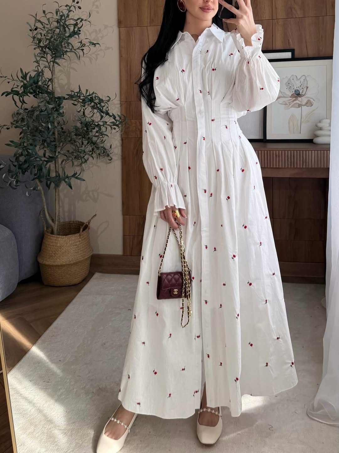 Floral Embroidered Pleated Dress