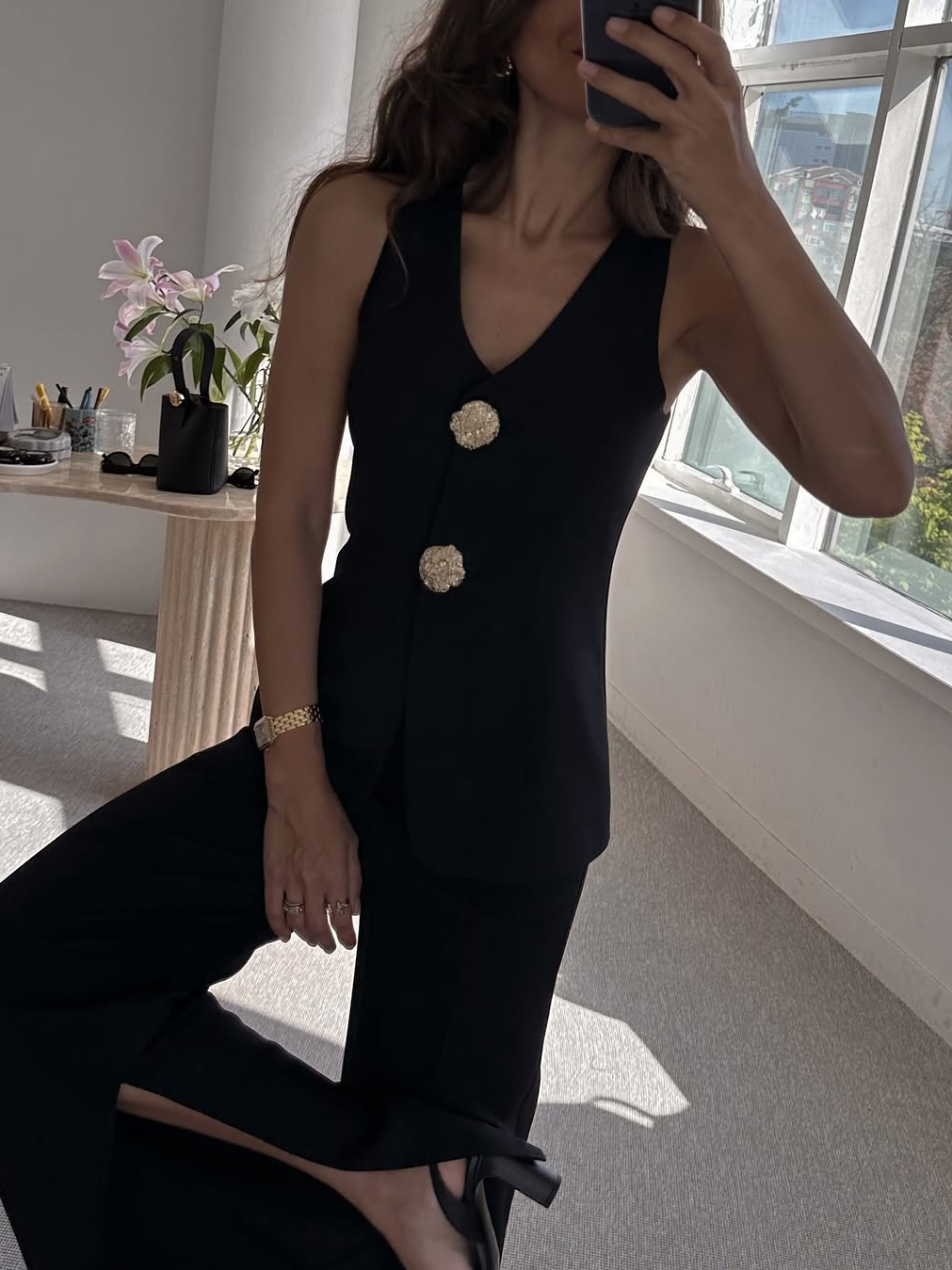 Button Split Sleeveless Pants Set