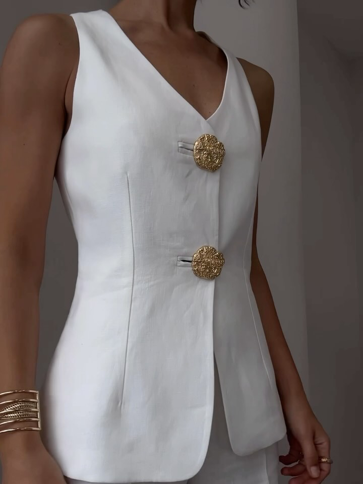 Button Split Sleeveless Pants Set