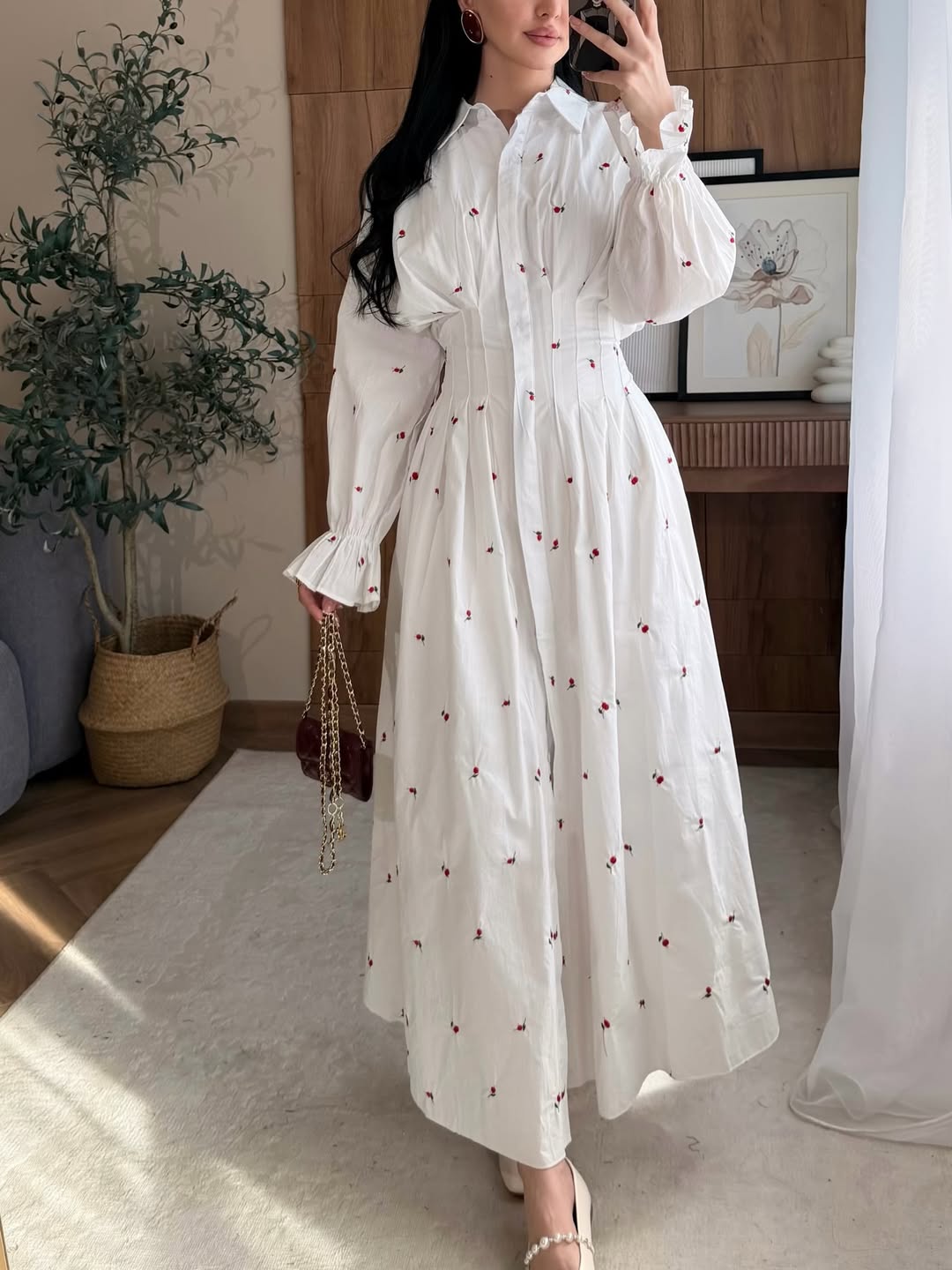 Floral Embroidered Pleated Dress