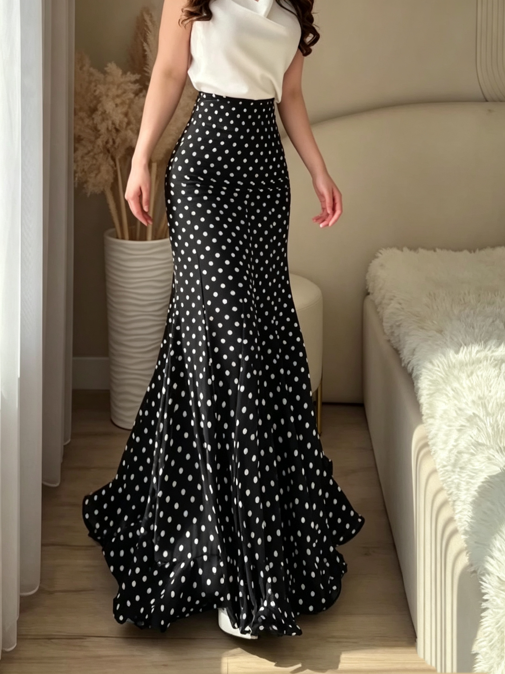 Polka-Dot Pleated Fitted Maxi Skirt