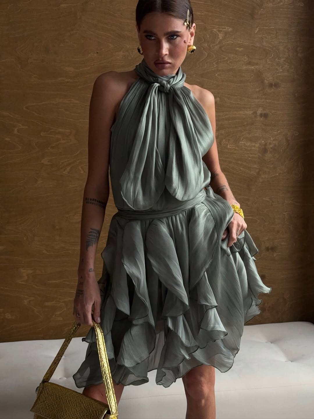 Ruffled Tie-Waist Chiffon Dress