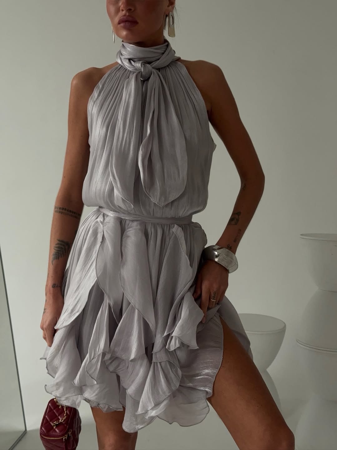 Ruffled Tie-Waist Chiffon Dress