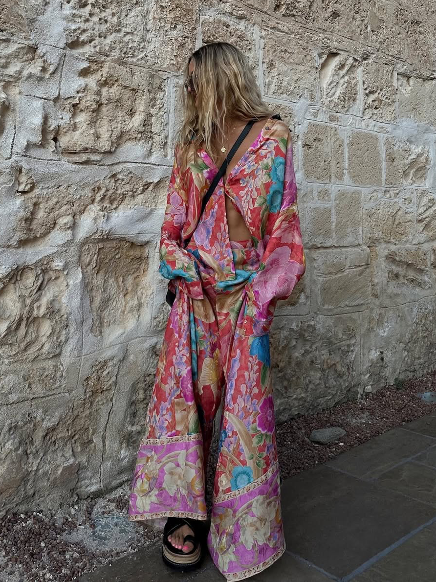 Printed Long Sleeve V-Neck Loose Pants Set