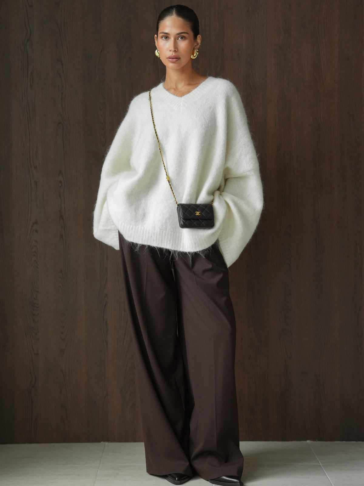 Solid-Color V-Neck Silhouette Sweater