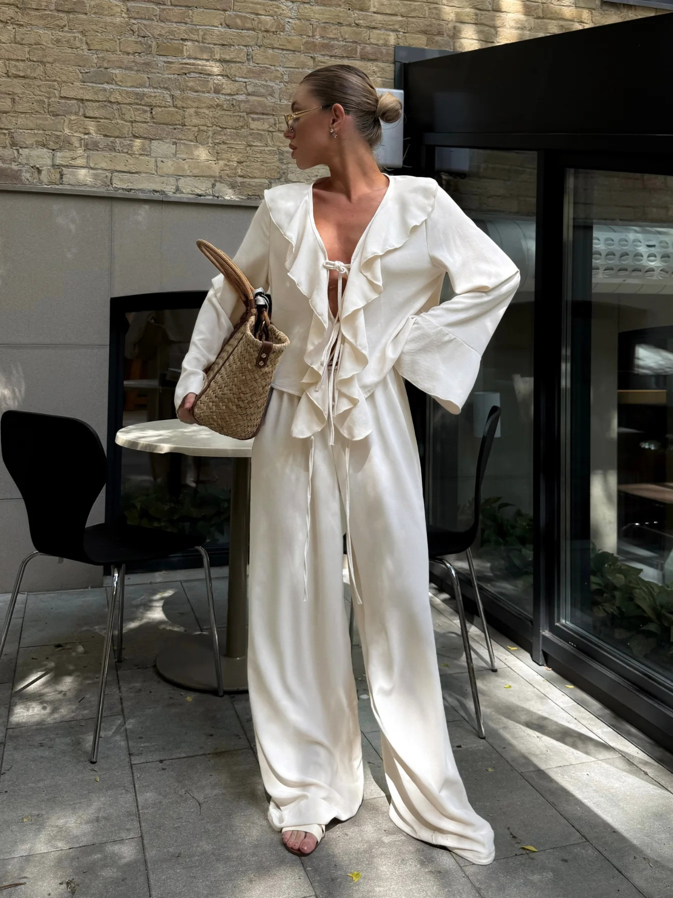 V-Neck Ruffled Long-Sleeve Two-Piece Set