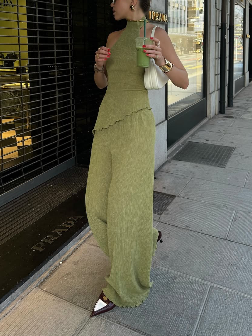 Asymmetric Halter Crop Top Wide Leg Pants Set