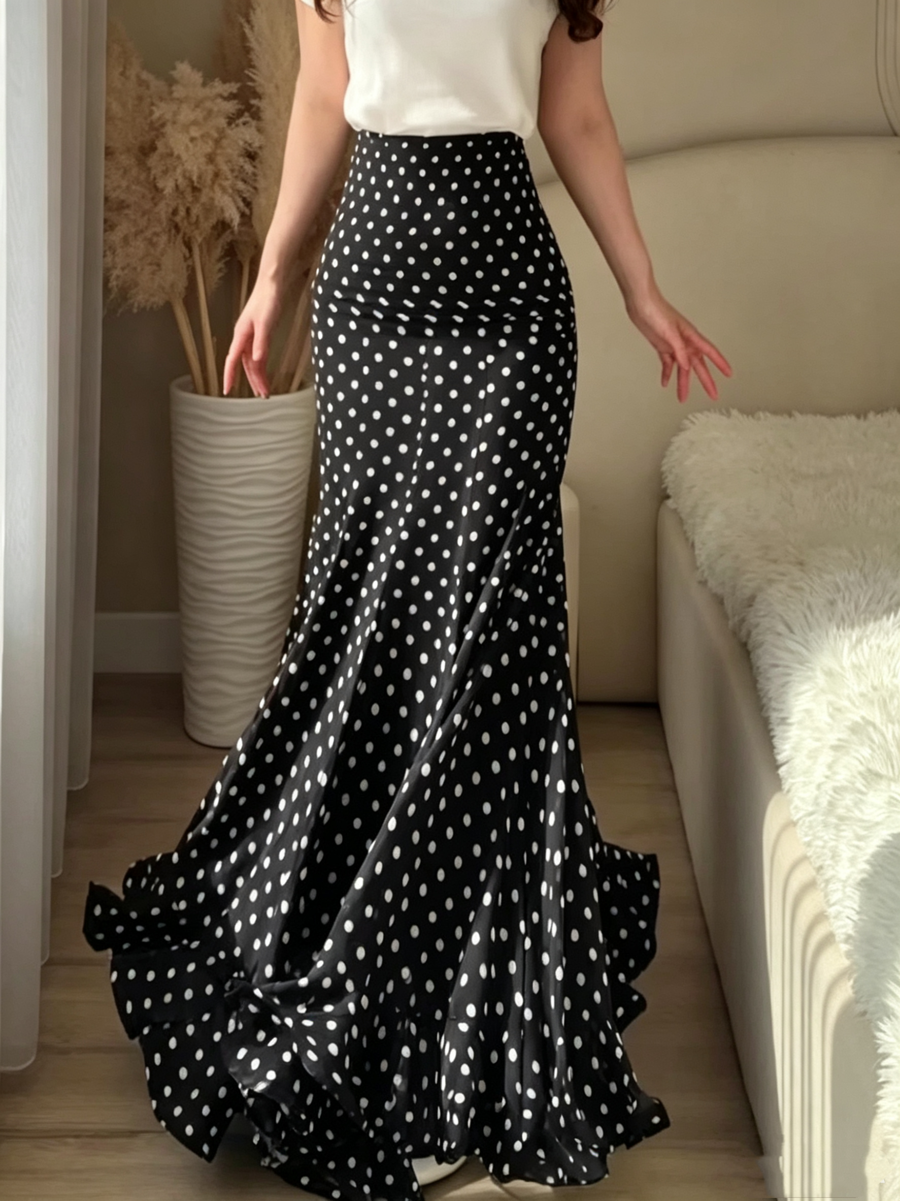 Polka-Dot Pleated Fitted Maxi Skirt