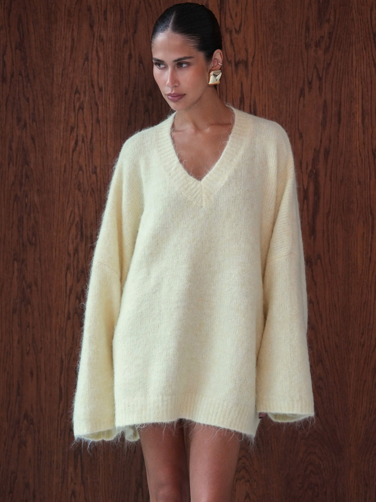 Solid-Color V-Neck Silhouette Sweater