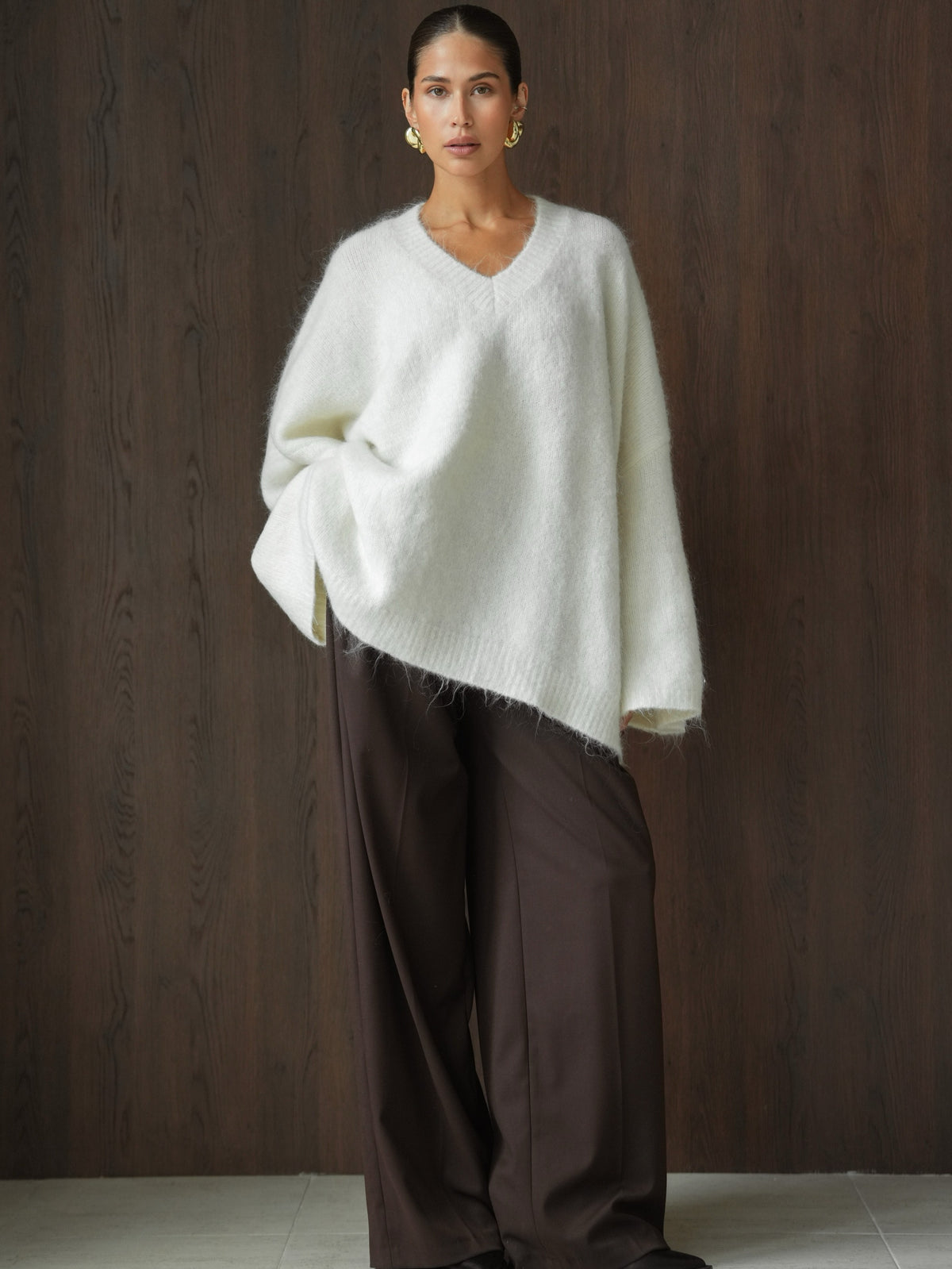 Solid-Color V-Neck Silhouette Sweater
