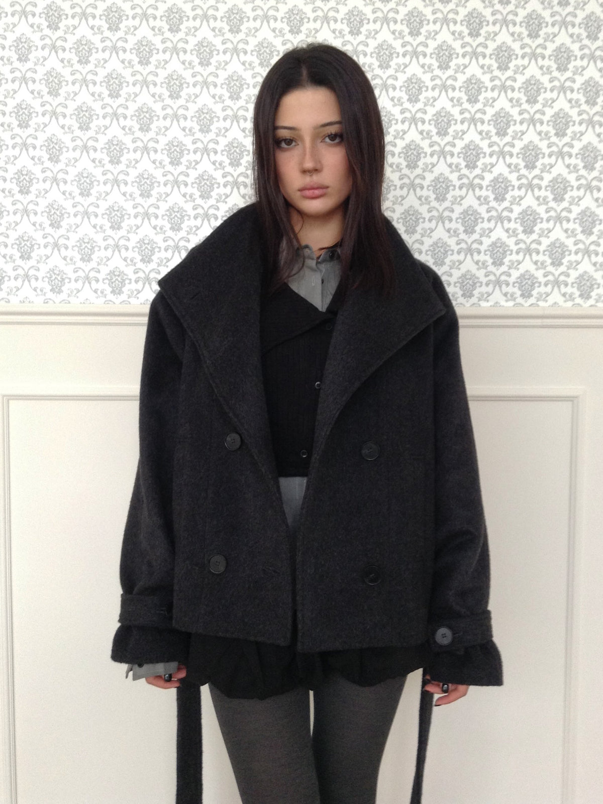Double-Breasted Drawstring Wool Coat