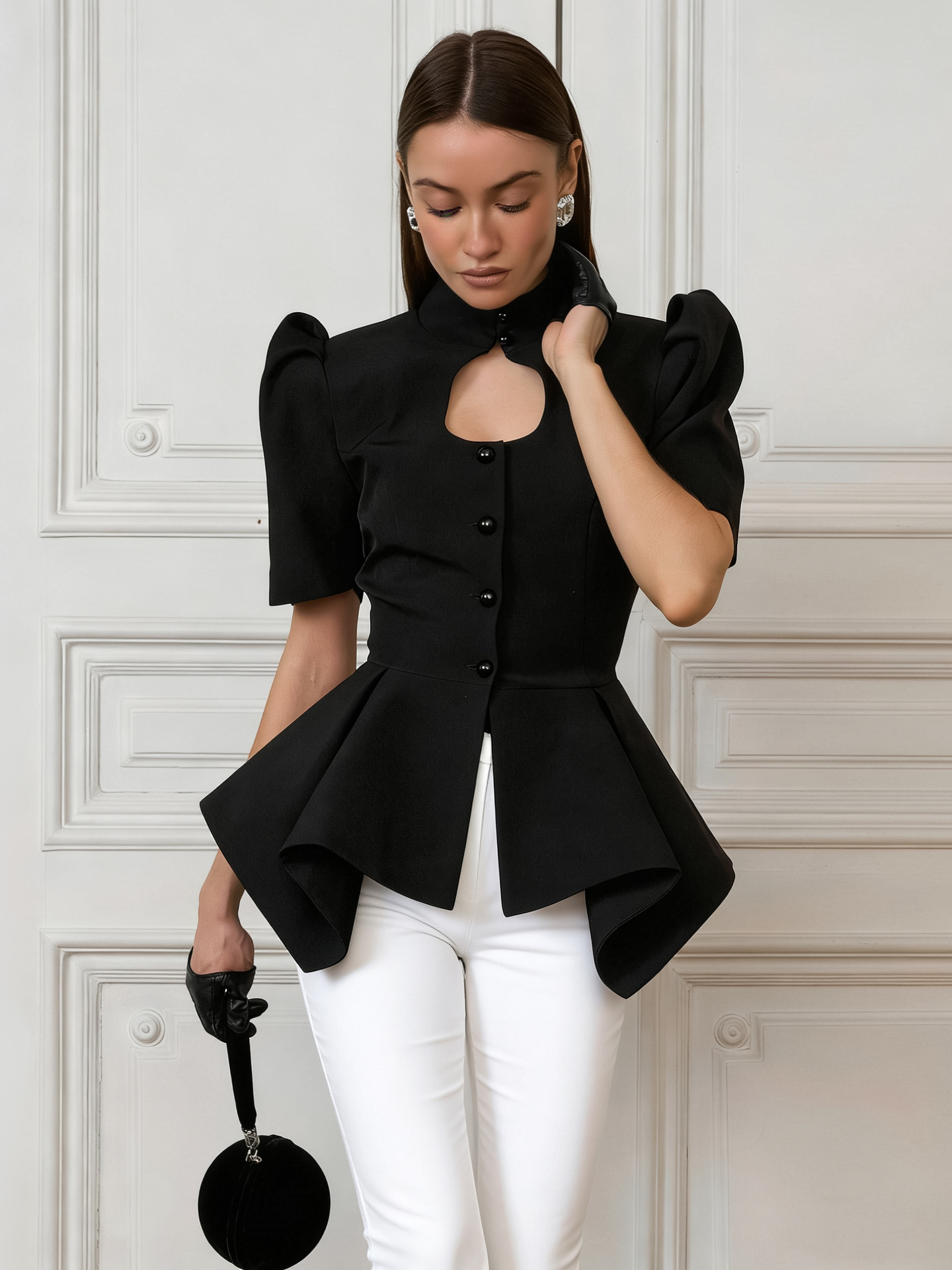 Stand-collar puff-sleeve blouse