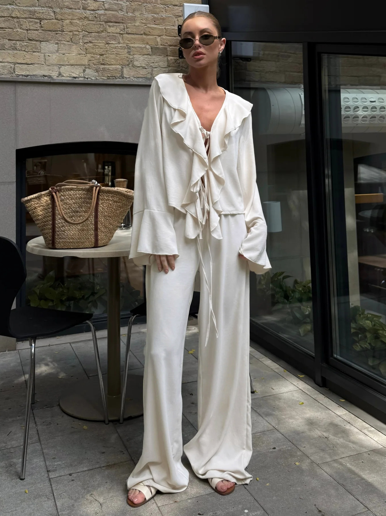 V-Neck Ruffled Long-Sleeve Two-Piece Set