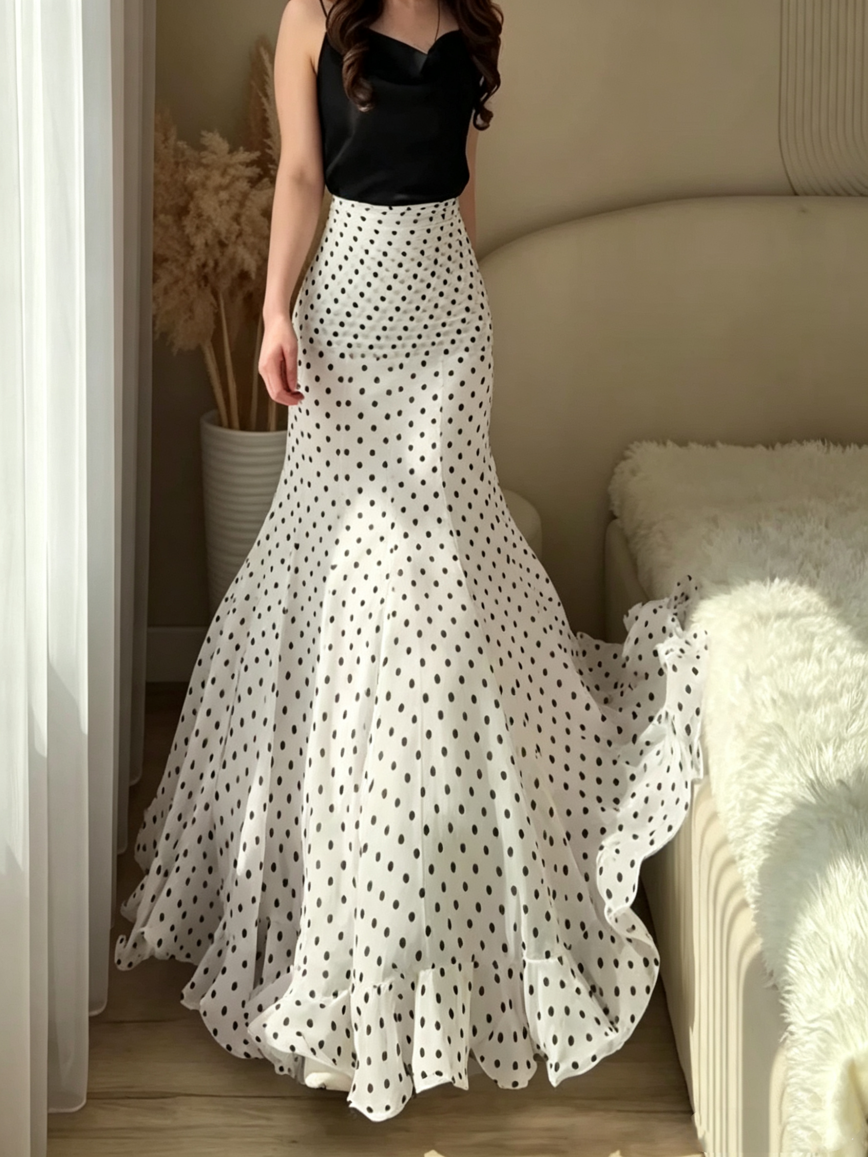 Polka-Dot Pleated Fitted Maxi Skirt