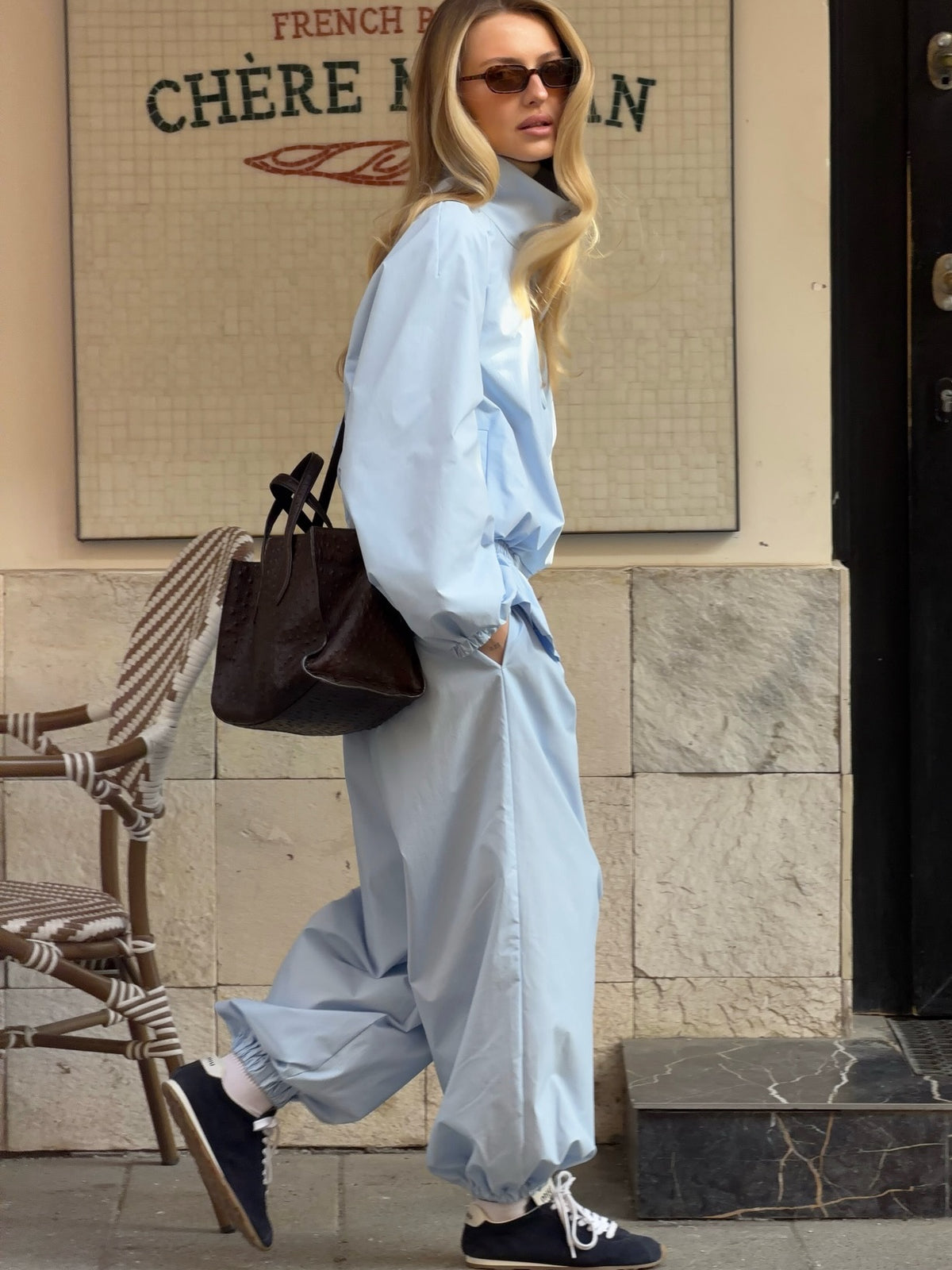 Waist-cinched Jacket and Baggy Pants Set