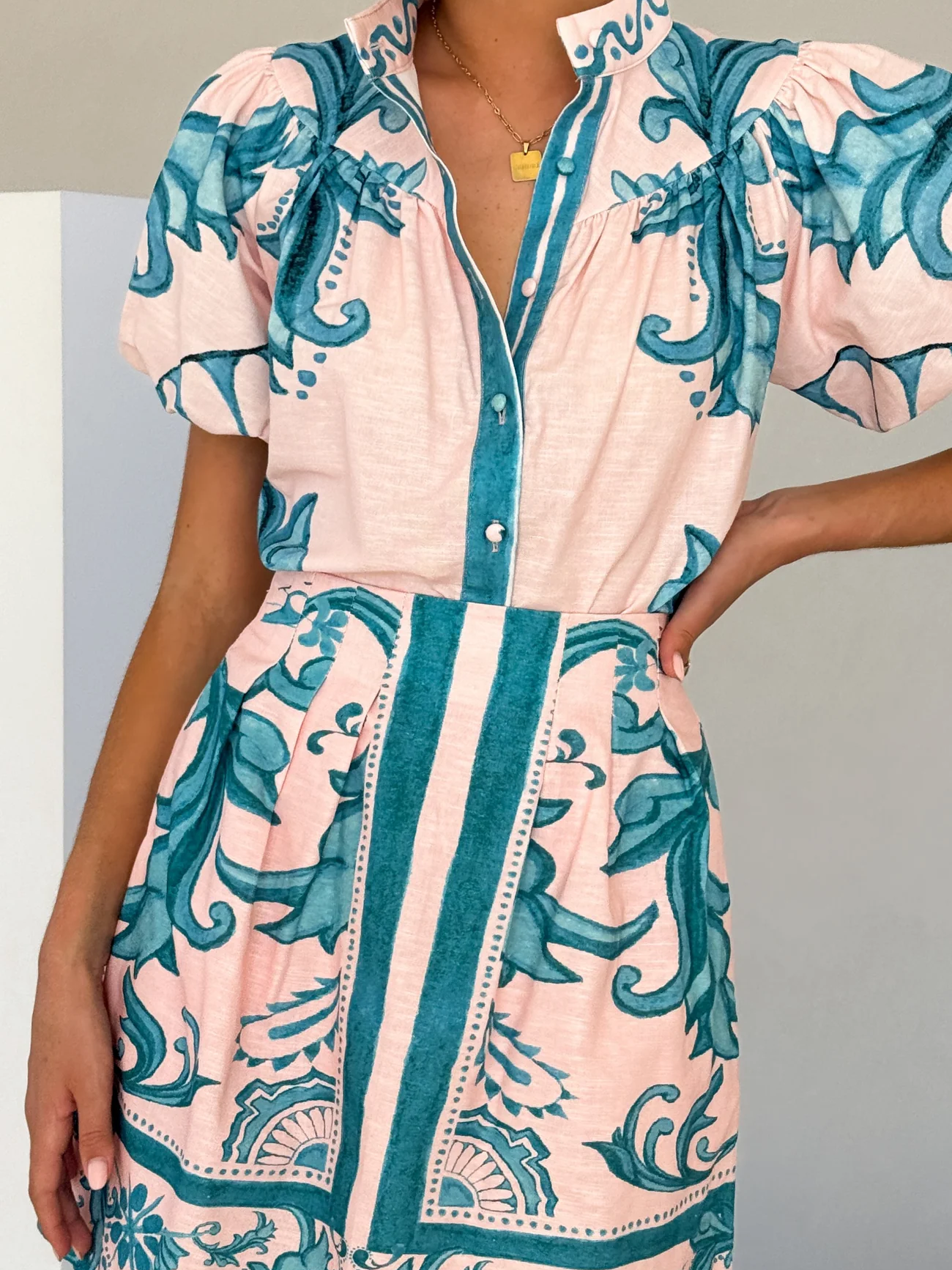 Bubble Sleeve Printed Skirt Set