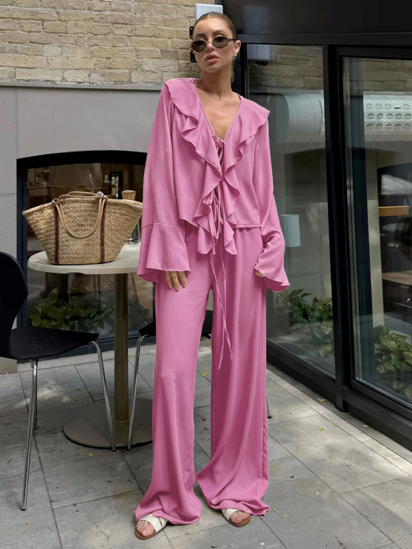 V-Neck Ruffled Long-Sleeve Two-Piece Set