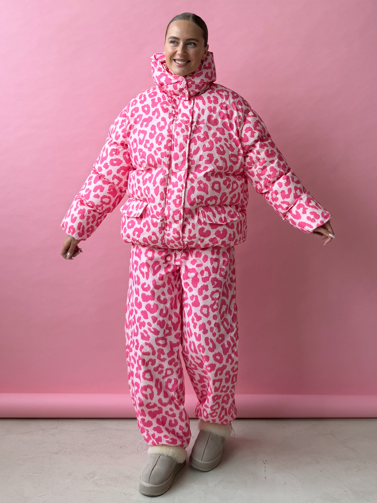 Puffer Jacket Set-Pink Leopard