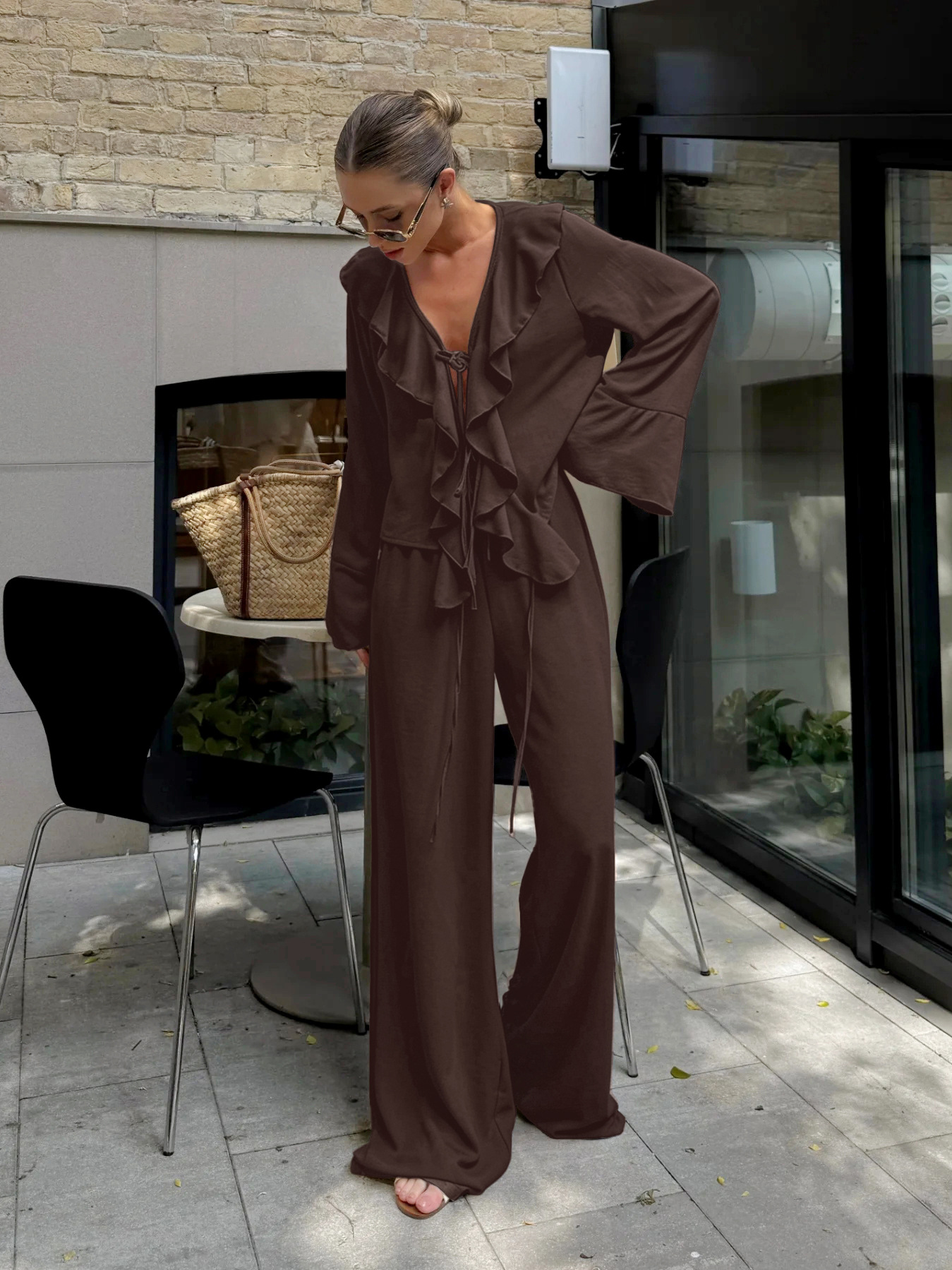 V-Neck Ruffled Long-Sleeve Two-Piece Set