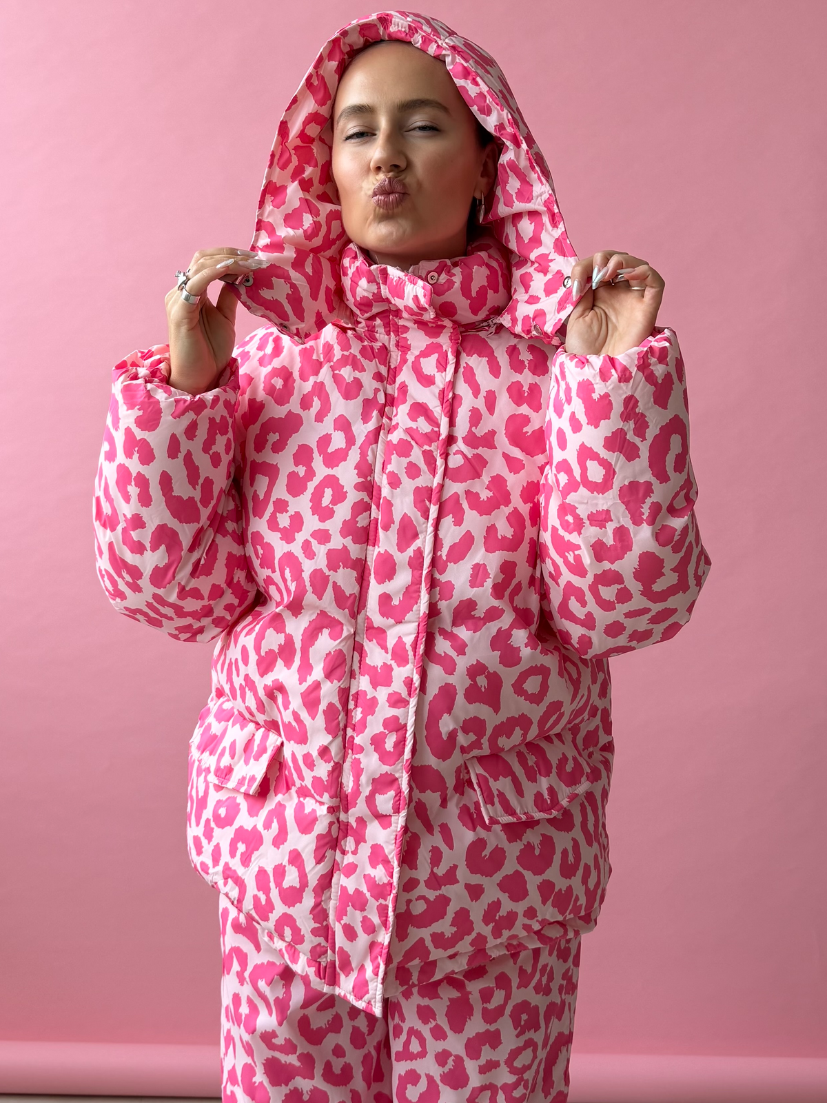 Puffer Jacket Set-Pink Leopard
